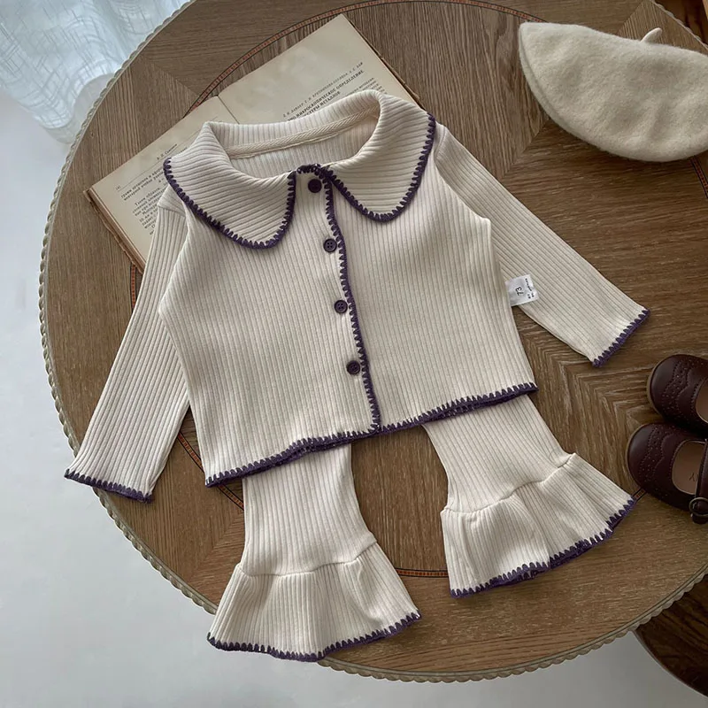 Spring Kids Sweaters Suit Soft Pletel Sweater Mardigan Pants 2ks pre dievčatká kontrastná farebná detská súprava