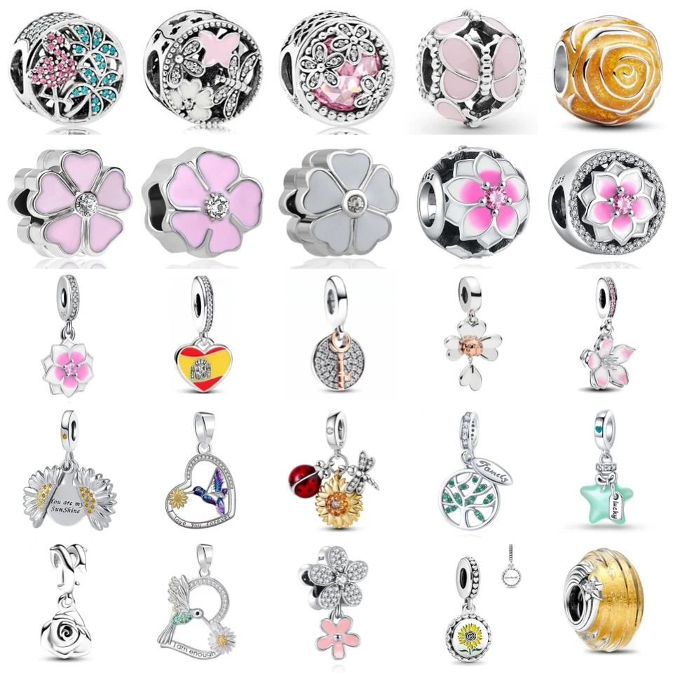 Spring Pink White Flower Green Rodenok strom slnečnicový prívesok Pendant Kúzla Fit Európske 925 Zostávajúce náramok