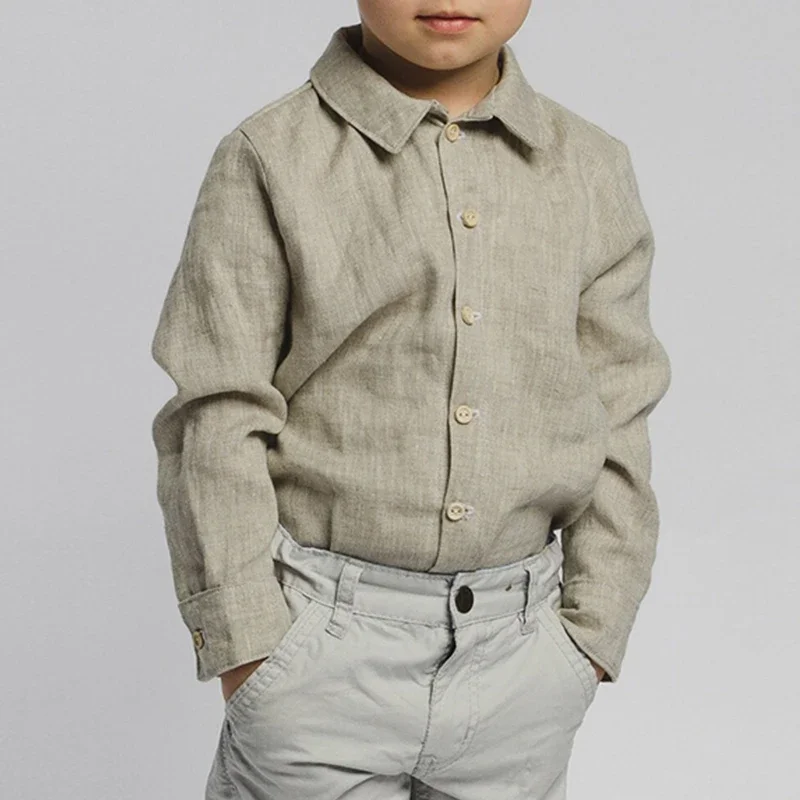 Spring Retro Cotton and Linen Boys košeľa s drevenými tlačidla