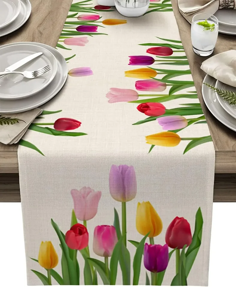 Spring Tulip Flower Floral Linen Table Runners Washable Dresser Šatky jedálenský konferenčný stolík Runner Svadobný sviatočný večierok dekor