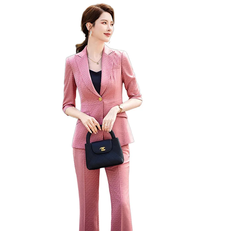Springové nohavice pre ženy 2 -kusové sada Half Ruckve Blazer & Tousers Suit Ruž