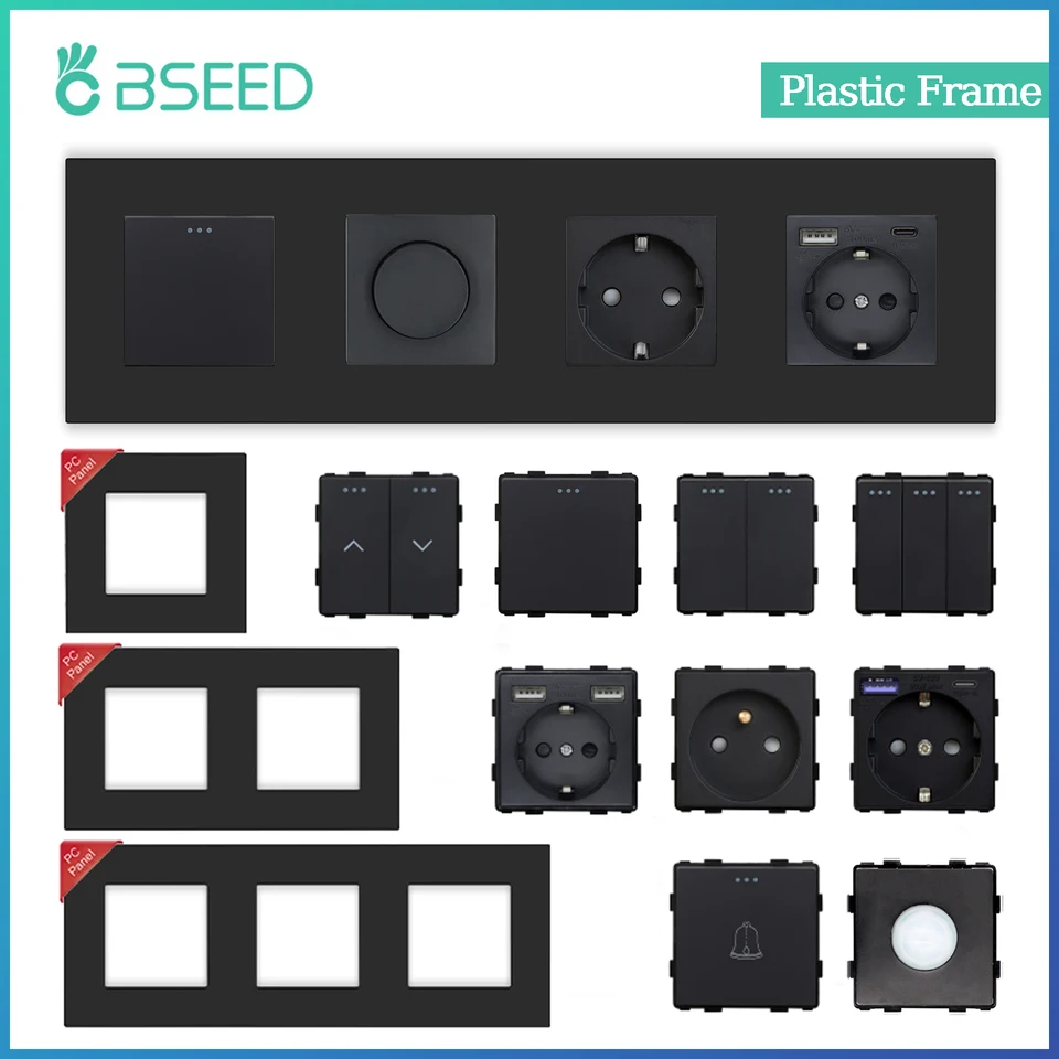 Spínač svetla BSEED Wall Light 1/2/3Gang 1/2way Wall Elektrická výstup USB Type-C Funkcia Plastový rám DIY Kombinácia DIY