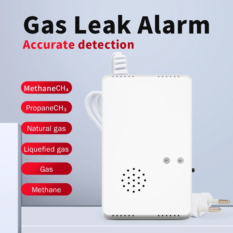 Spôsobiteľný detektor úniku plynu Flamable metán propán CH4 LPG LNG Alarm snímač s LED indikátorom LED indikátorom zemného plynu monitor EÚ zástrčka EÚ