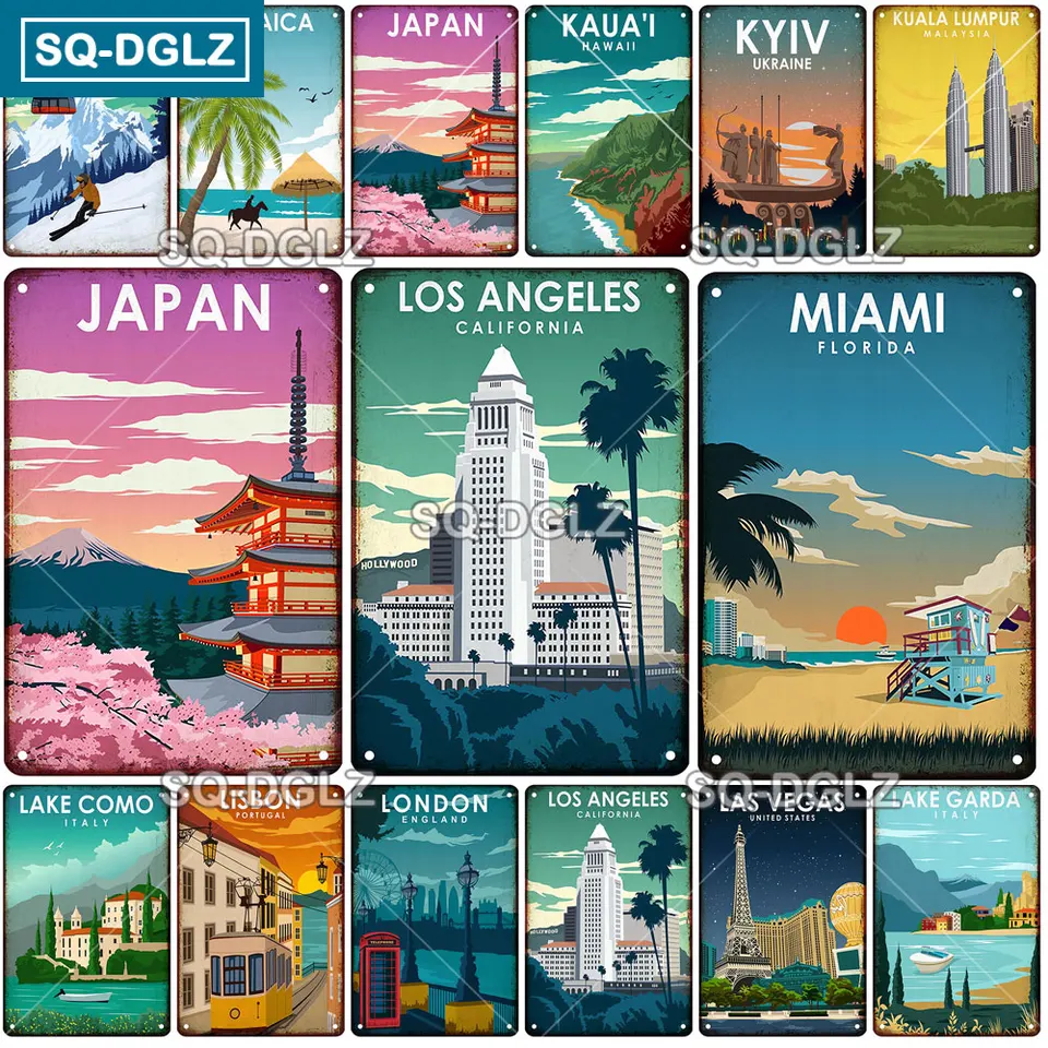 [SQ-DGLZ] Miami USA City Plagát Japonsko kovové znamenie Vintage Pleque Tin Sign Dister Wall Room Decor for Bar Club Art