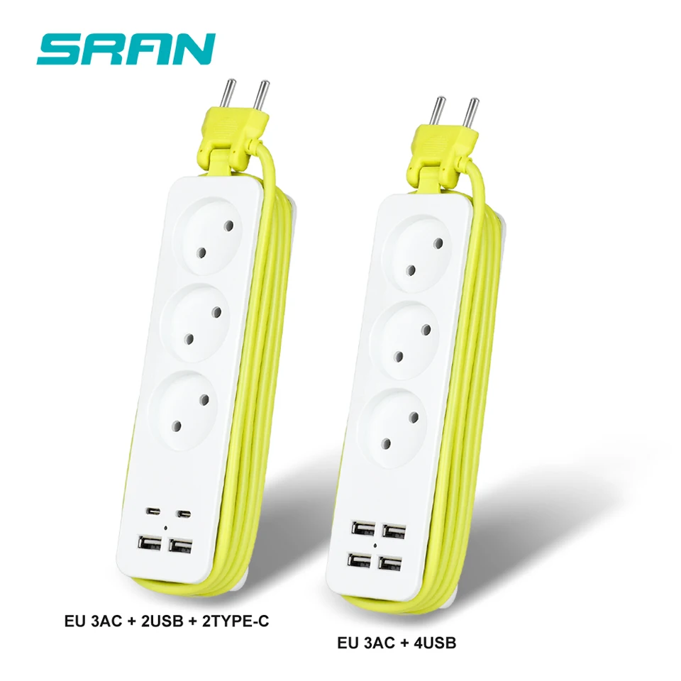 SRAN USB Power Strip AC EU Plug nabíjacie port USB 5V 3.1A Cestovná zástrčka s napájacími zásuvkami USB 1,8 m predlžovací kábel