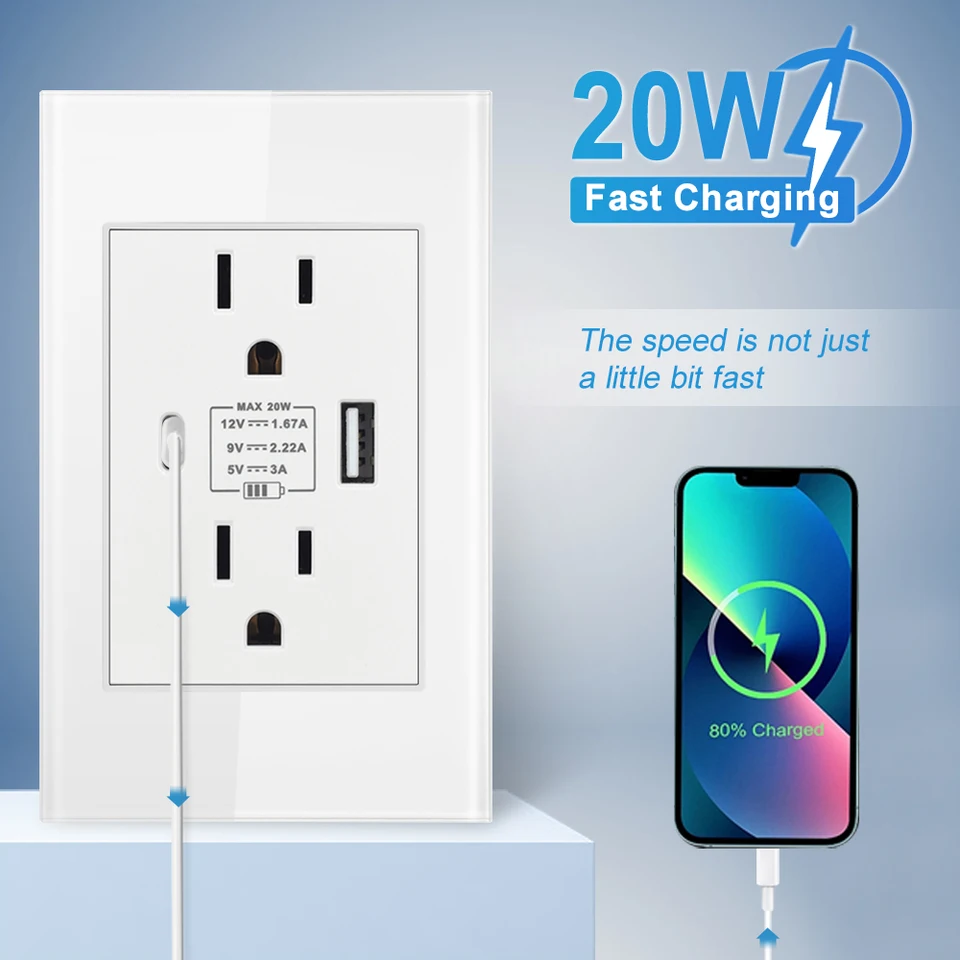 SRAN USB Type-C Rýchle nabíjanie USA Štandardná stena duálnej zástrčky, 20W 118 mm panel biela/čierna/šedá dvojitá zásuvka s USB C