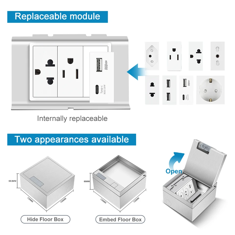 Srand skrytý podlahový zásuvka br nás cl USB port ac port zadarmo, trvanlivý materiál z nehrdzavejúcej ocele Elektrické zásuvky