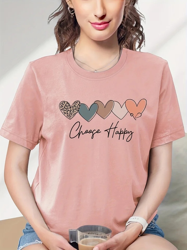 Srdce Happy Slogan Tlačené tričko Roztomilé bavlnené tričko s krátkym rukávom Domáce Domáce mäkké tričko Tops letné ulica Tričko Tričko