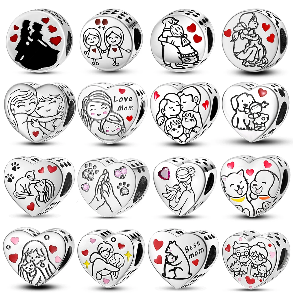 Srdcová sestra mama Love Charms 925 Strieborné šteniatko Fit Original Bangle Friends Priatelia korálky prívesok visiaci náramok DIY šperky ženy