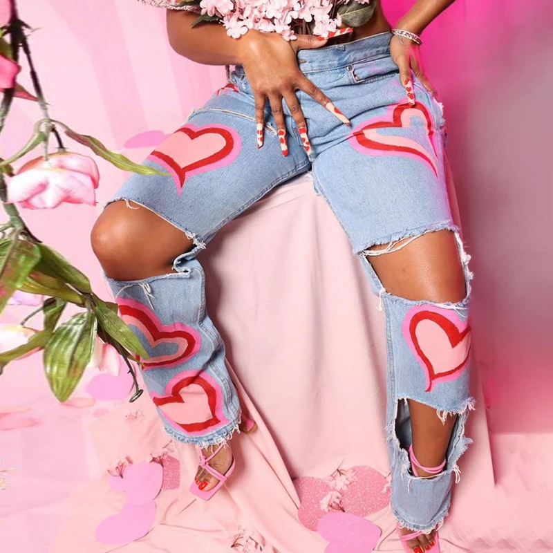 Srdcová tlač džínsová vystrihnutá džínsy pre ženy pre ženy móda baddie oblečenie streetwear s vysokým pásom vrece nohavice modré y2k harajuku
