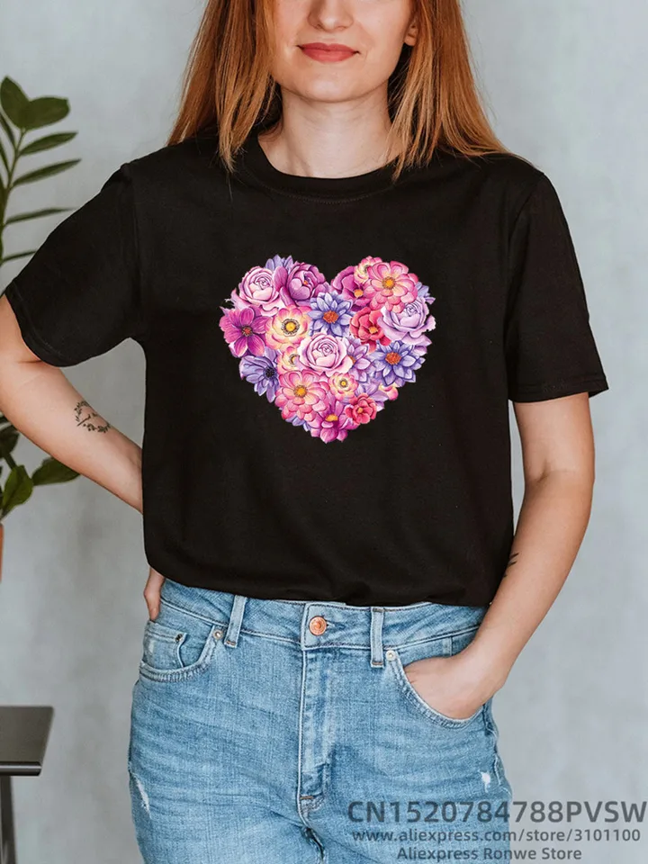 Srdcové kvetinové tlač Tričko Dievča letné srdce y2k harajuku tops tee ženská čierna ružová ružová biela ležérna oblečenie