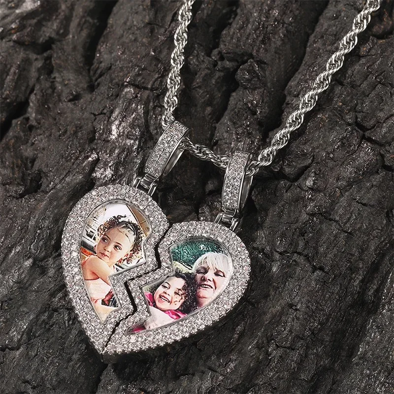 Srdcový dizajn Vlastné fotografické náhrdelníky Imed out Cubic zirkónové kúzla Prispôsobené Obrázkové prívesky šperky pre darčeky na Valentína