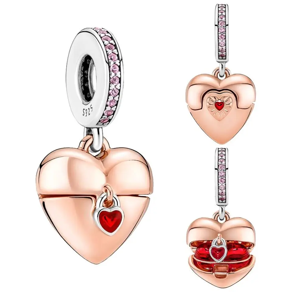 Srdcový visiaci dvojité kúzlo Strieborné striebro Pandate Pandora Charms Silver 925 Originálny náramok pre výrobu šperkov