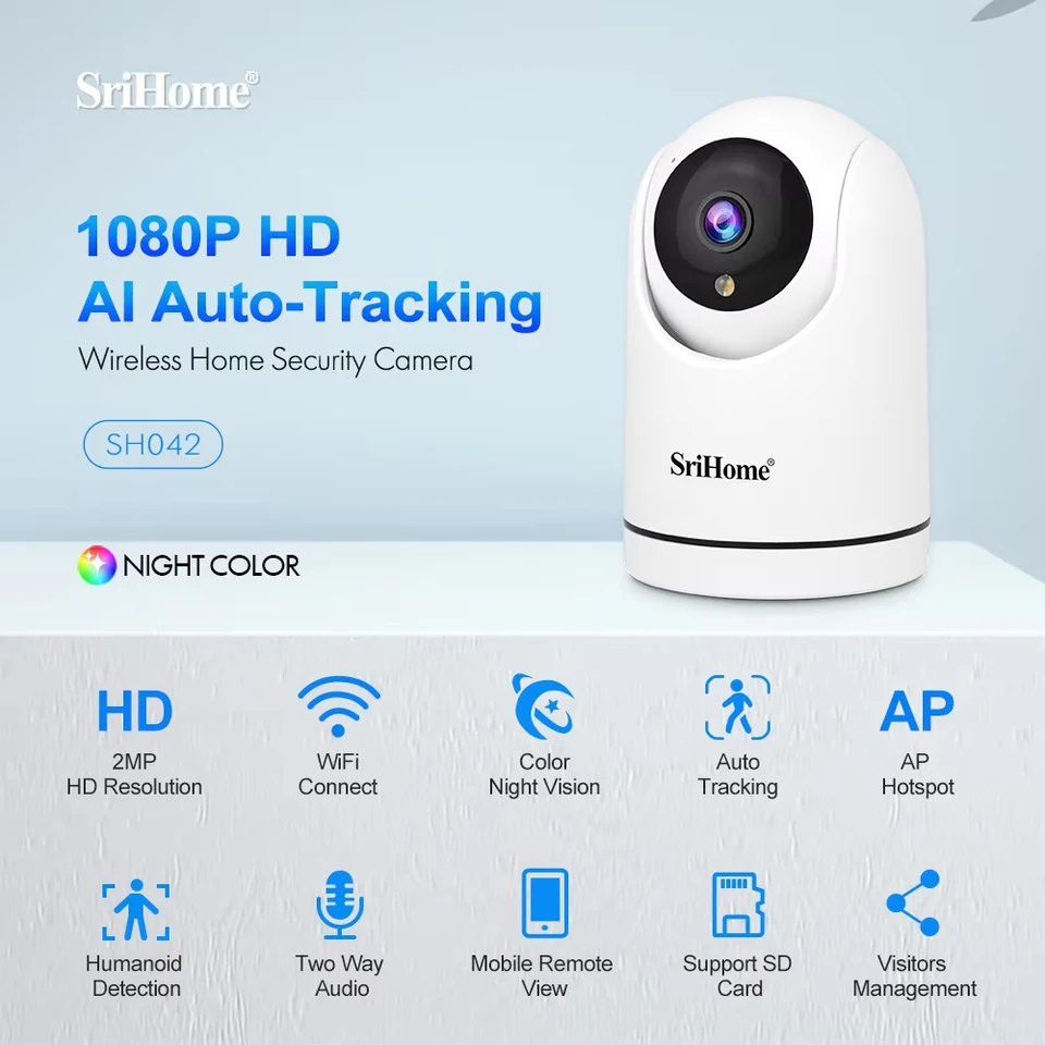 Srihome 1080p 2.4gwifi bezpečnostná ochrana obojsmerne zvukový domáci maznáčik detská monitor Domáca kamera Detekcia pohybu IP SH042