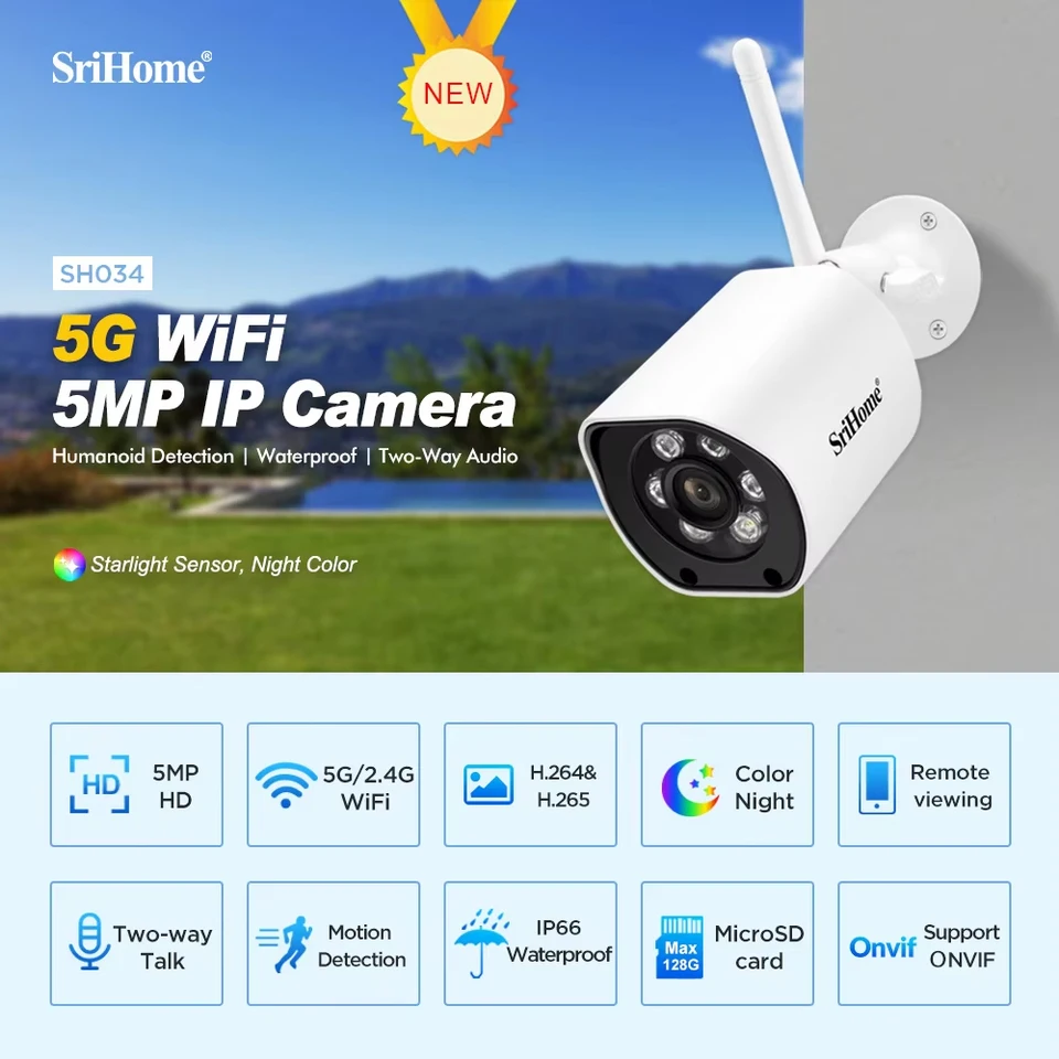 Srihome 5MP bezpečnostná ochrana 5G WiFi IP fotoaparát nepremokavá video dohľad farebná nočná vízia sh034