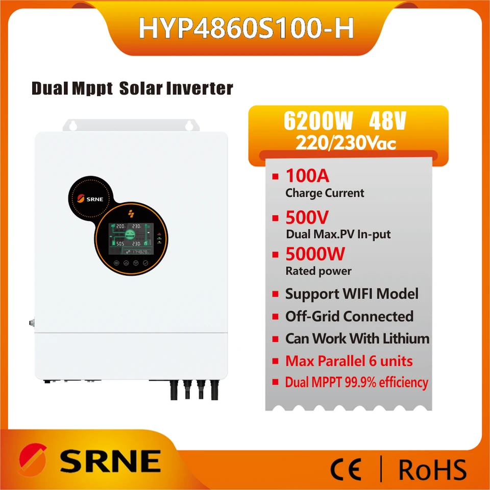 SRNE 6200W 48V 230V PV Max. Vstup 500VDC Solárny hybridný menič Čistá sínusová vlna mimo siete Inverter Dual MPPT 100A Current Current