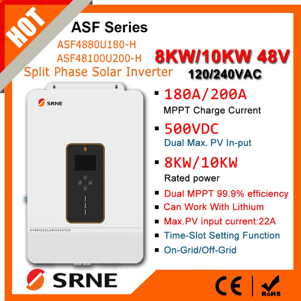 SRNE 8/10KW Max PV 500V 48V až 110/240VAC Hybridný solárny invertor Suppor Split-Fázový/jednofázový dvojfázový maximálny max.