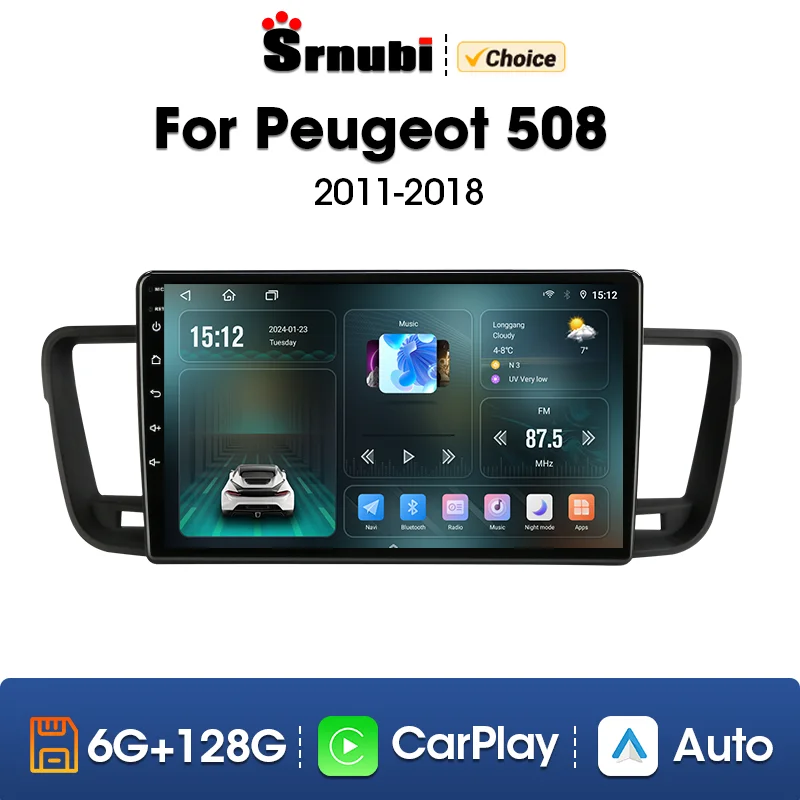 SRNUBI 2 DIN Android 12 AUTO RÁDIO pre Peugeot 508 2011- 2018 multimediálny video prehrávač 2DIN CarPlay Stereo GPS reproduktory DVD