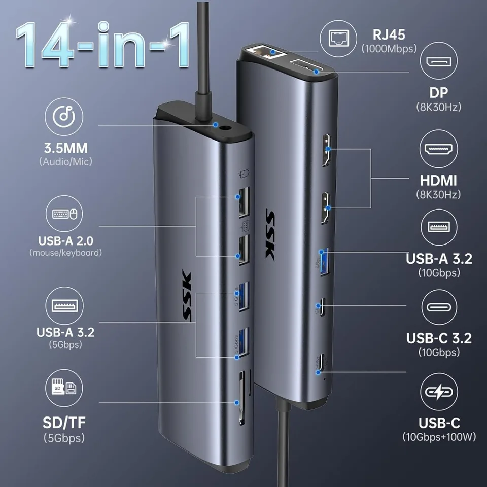 SSK Hub USB Typ C až 4K HDMI kompatibilný DP RJ45 3,5 mm Jack SD TF karta USB 3.0 Adaptér pre dokovaciu stanicu MacBook LAPTOP USB C.