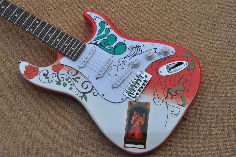 ST Elektrické gitarové telo s kvetinovým vzorom Rose Wood Hmacard Tribute Hendrix Monterey skutočné fotografie na sklade 331