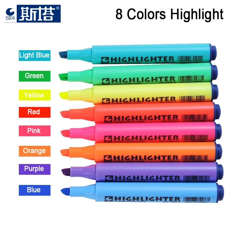 STA 3240 8 Farby Highlighters Pen Triangle Tod prúžky Fluorescenčné šikmé vodné markerové pero