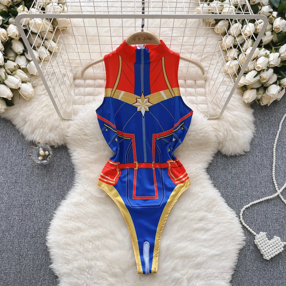 Stand Collar Ženy bez rukávov Bodysuit Slim Fit Cartoon Print Tričko superhrdina cosplay uniforma sexy roztomilé pyžamy horúce hry