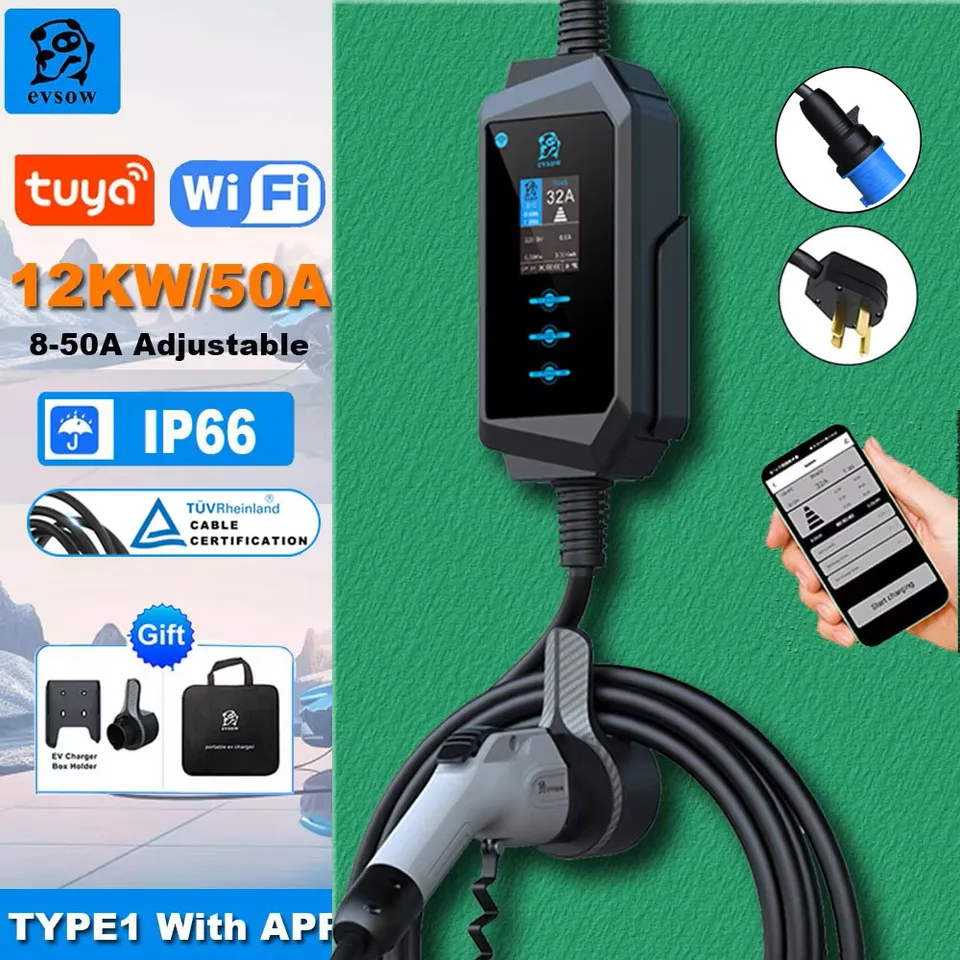 Stanica nabíjačky EVSOW EV 12KW 50A TYP1 ELEKTRICKÝ KOMTIKÁR s nabíjačkou WIFI APP SET