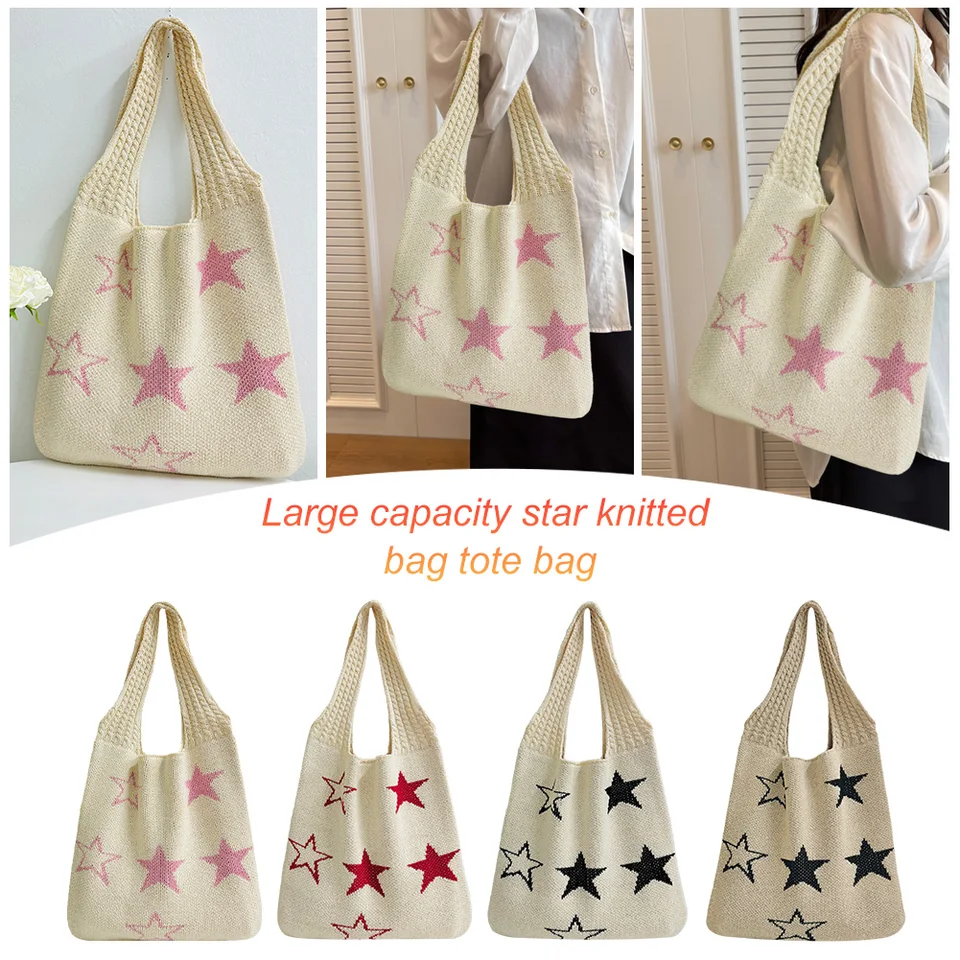 Star Crochet Tote Bag Cittted Bag Kabelky estetické pletené taška pre ženy pracujú nakupovať cestovanie