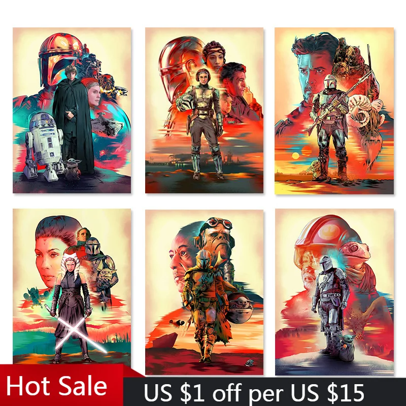 Star Wars Comics Farebné plagáty Yoda Mandalorian Ilustrácia Sunset Sunset Canvas maľba Prins Wall Decor Picture for Kid Room
