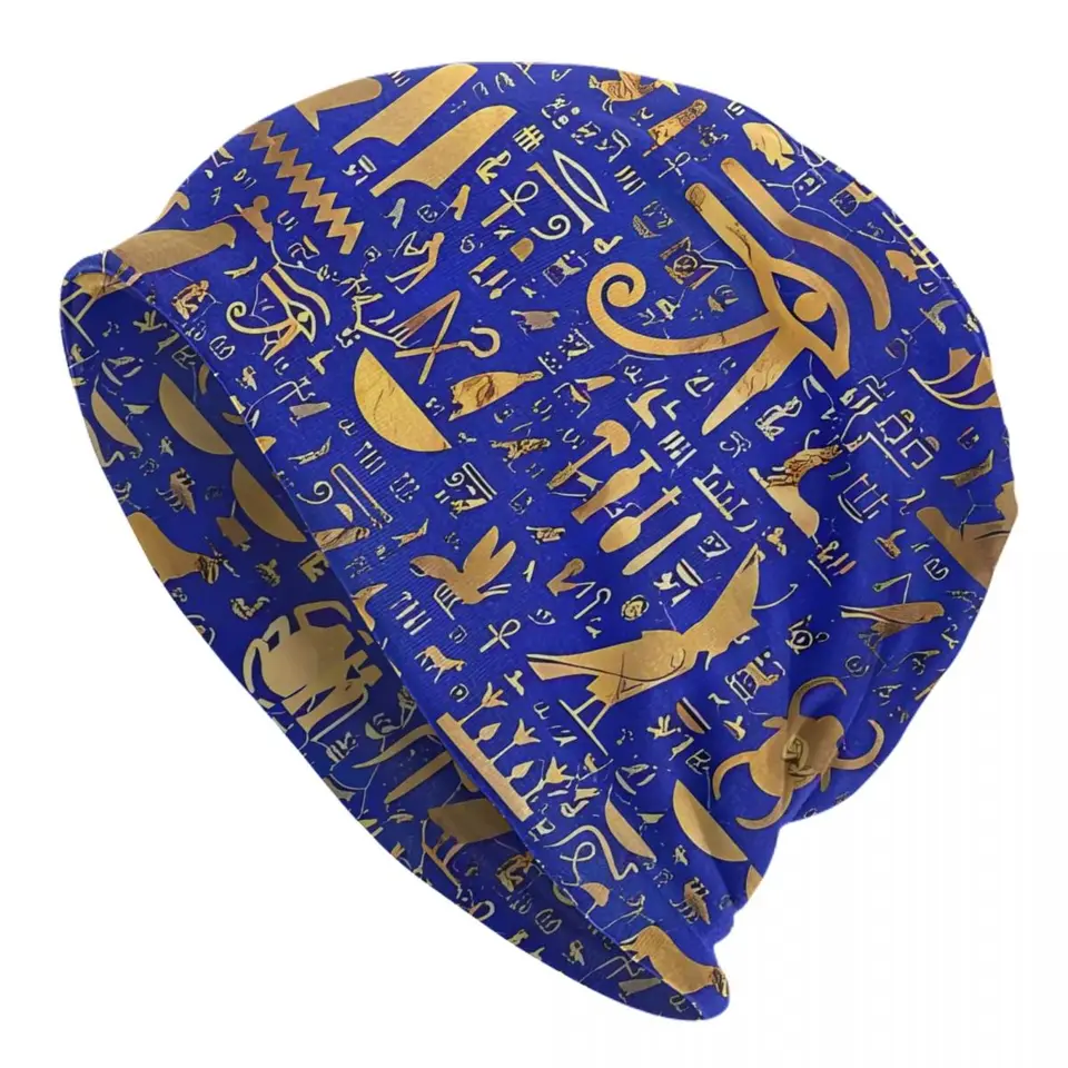 Staroegyptské umenie klobúky Bonnet Modré a zlaté čiapky Grafický pletený klobúk Jeseň Y2K Cool Men Ženy unisex telocvične teplé mäkké čiapky