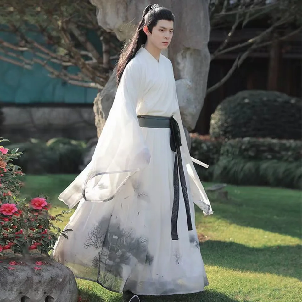 Staroveká tlačiarenská farbenie Hanfu Čínske tradičné weijinské obdobie odev Originálny nesmrteľný šermiar muži Cosplay hanfu šaty set