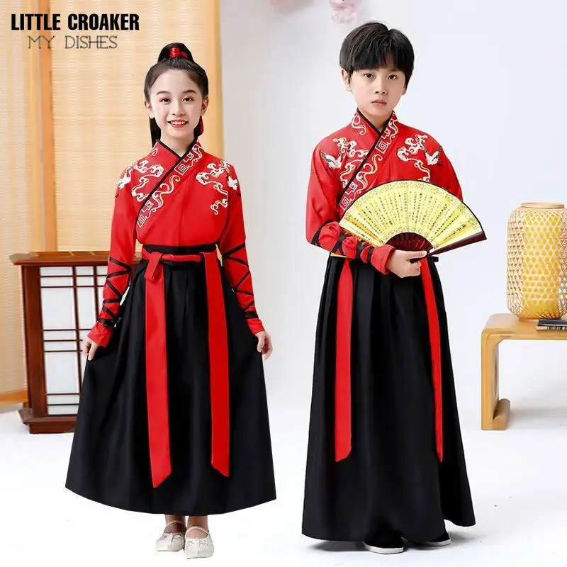 Staroveké čínske deti Tradičné kostýmy Chlapci a dievčatá biele čierne a červené šaty Hanfu Cosplay pre halloweenské deti cosplay