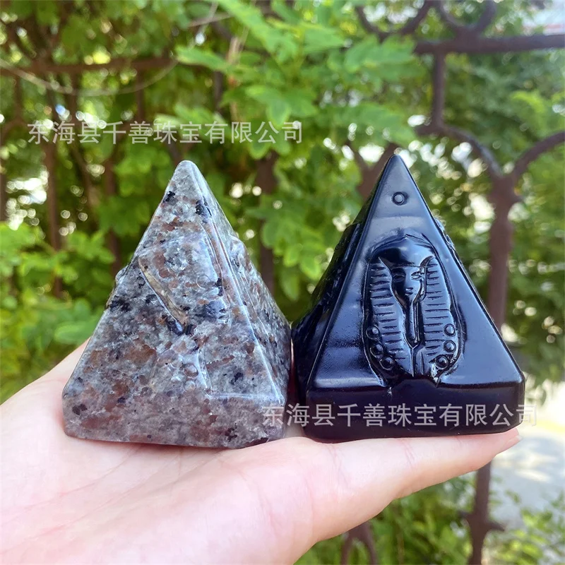 Staroveký Egypt pyramídová socha prírodná čierna obsidián Crystal Geometry Decor UV reaktívny jooperlite plameňový kamenný vežový bod
