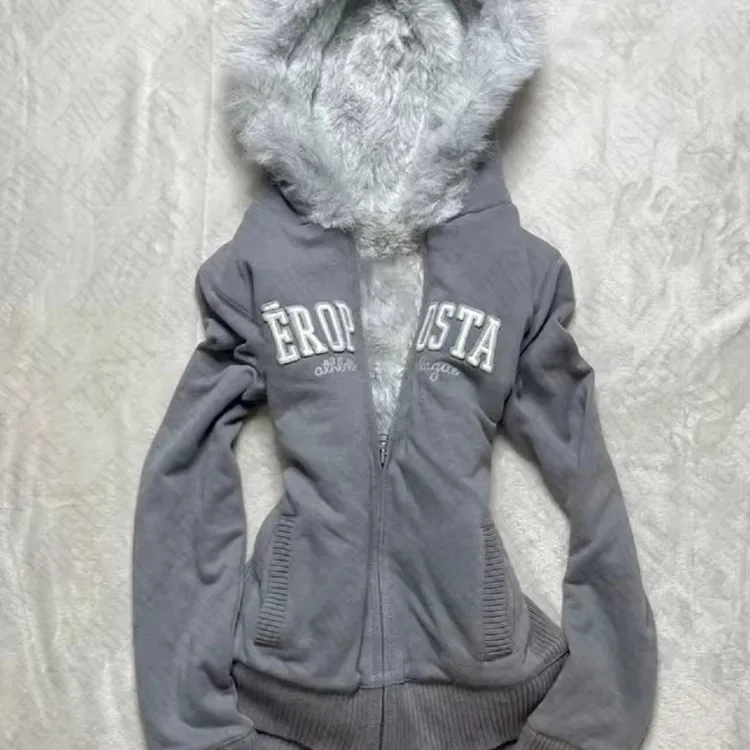 Staroveký kožušinový obojok kabát Y2K Retro jesenná a zimná trendy kožušinová obojok pre ženy americký hip-hop rockový štýl