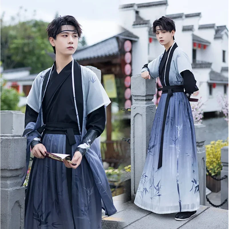 Staroveký čínsky karneval cosplay kostým vyšívaný hanfu gradient modré súpravy pre mužov pre mužov plus veľkosť 4xl m20