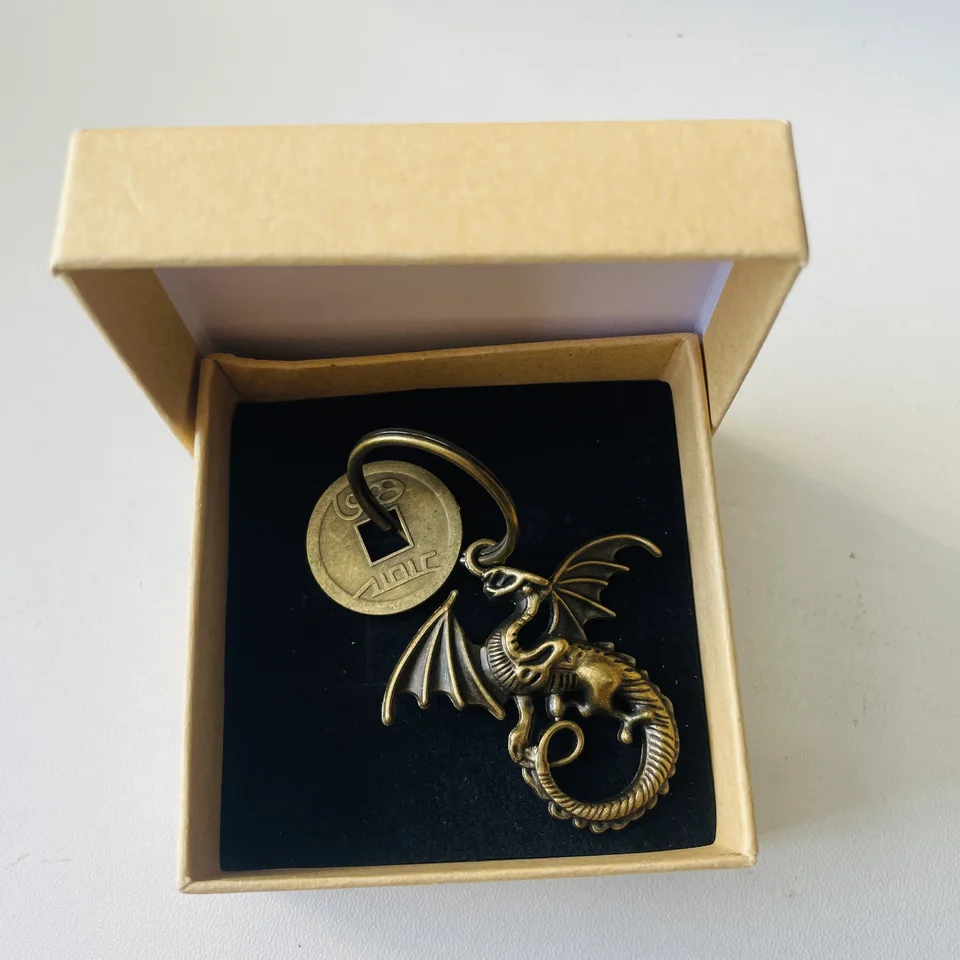 Starožitná minca Kangxi Tongbao Flying Dragon Combinácia Keychain Čínske tradičné vylepšenie bohatstva Modlite sa za bezpečnostné kľúče