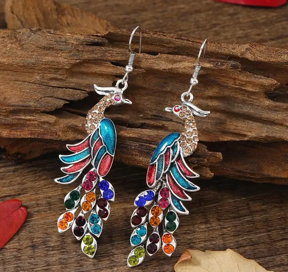 Starožitné etnické farebné zirkón Personal Animal Peacock Páv náušnice pre ženy, narodeniny, narodeniny Šperky