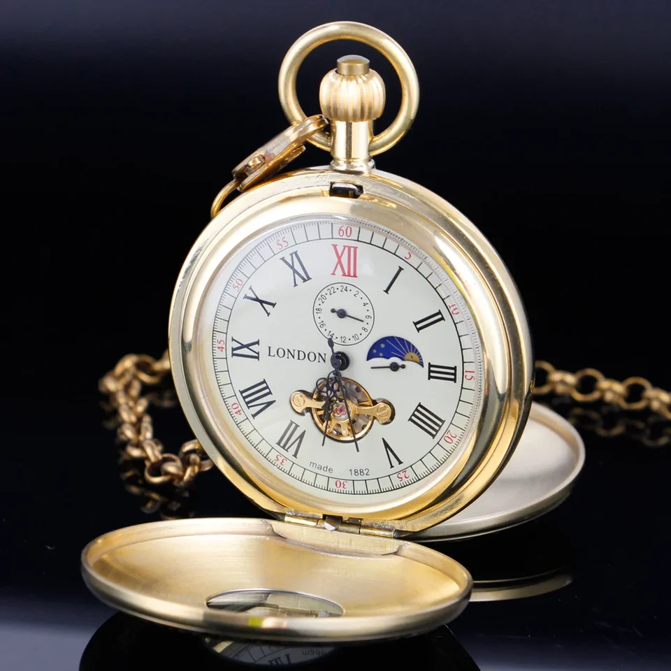 Starožitné mechanické vreckové hodinky Luxus vyrobené fázou mesiaca (12/24 hodín) Tourbillion Pure Copper Ručne hodinky pre mužov Ženy