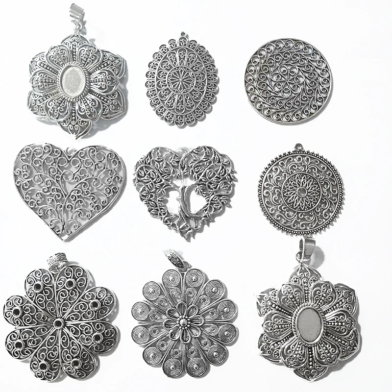 Starožitné strieborné veľké okrúhle kvetinové kúzlo kvetiny prívesok Filigree Filigree Mandala Pendant pre DIY šperky výroby nálezov remeslá