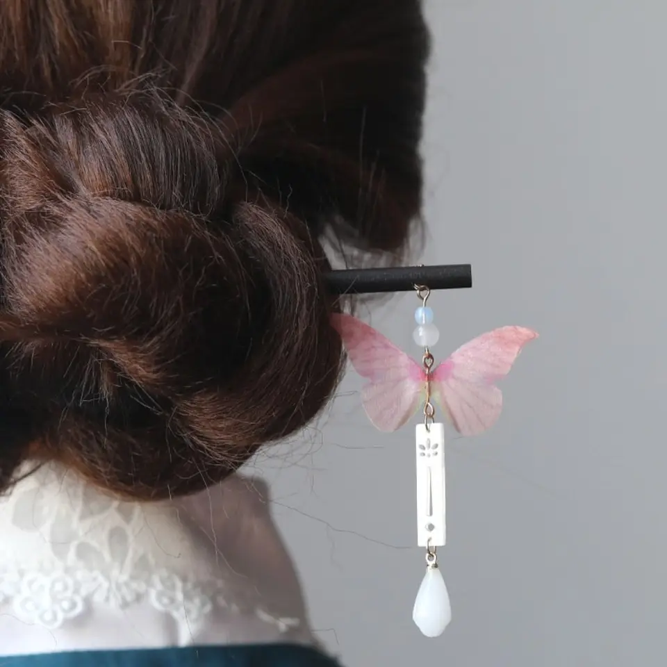 Starožitný motýľ Drevené vlasové palice čínsky štýl Hanfu Hairpin Vlasy pre buchty hanfu pokrývky hlavy Hanfu príslušenstvo