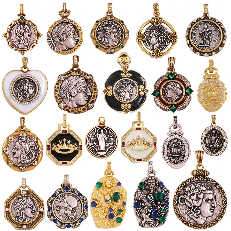 Starožitný zlatý bronzový portrét Krásny rytiersky anjel Goddess Coin Medallion Pendant, Náhrdelník šperkov príslušenstvo dodávky K36