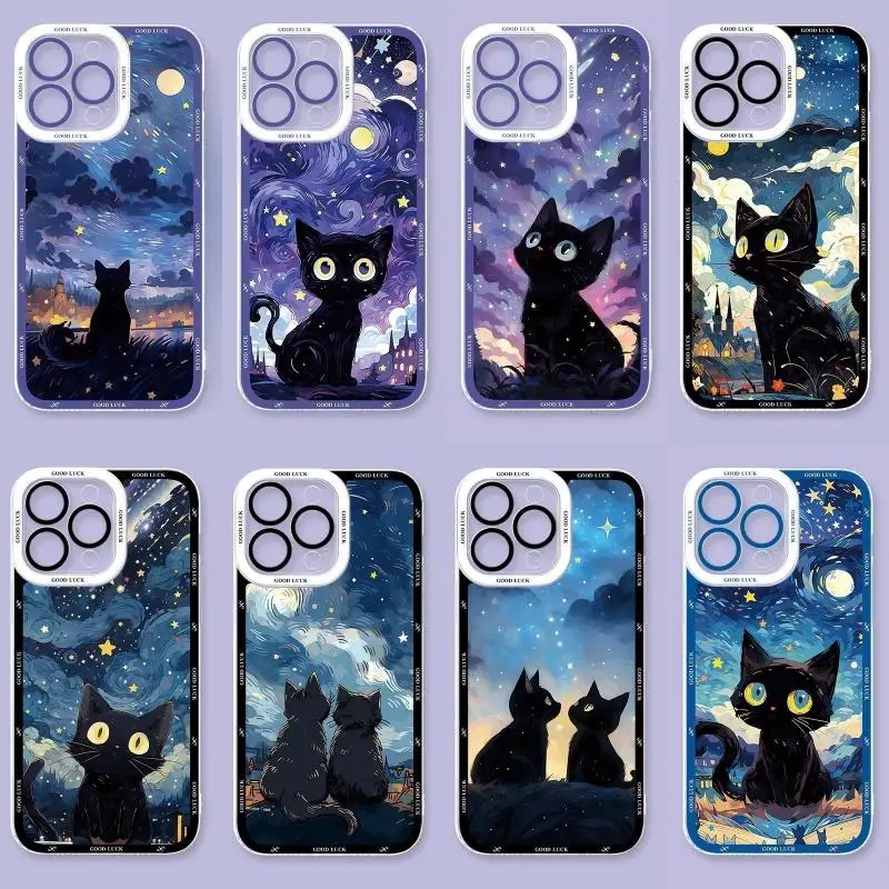 Starry Night Black Cat Case pre Samusng Galaxy A15 A25 A04 A05 A05S A06 A13 A33 A03 A50 A51 M54 A03S A04E A7 2018 Poznámka 10 LITE