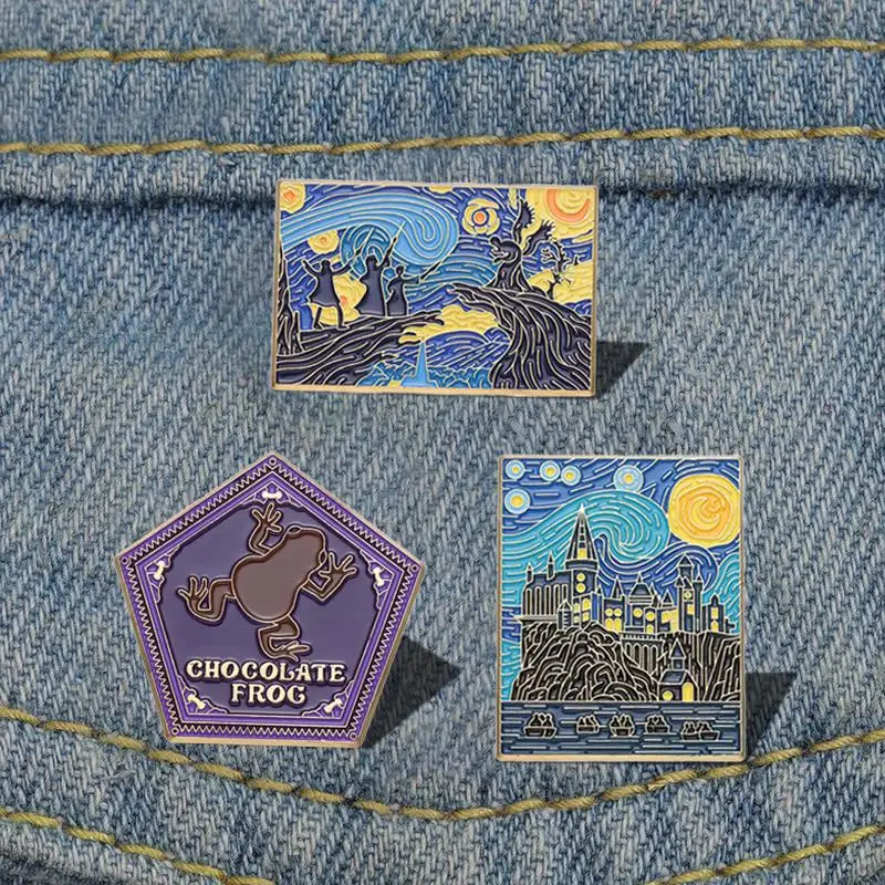 Starry Night Magic School Smalt Pins Custom Witch Wizard Castle Brošes klopne odznaky punk šperky darček pre fanúšikov