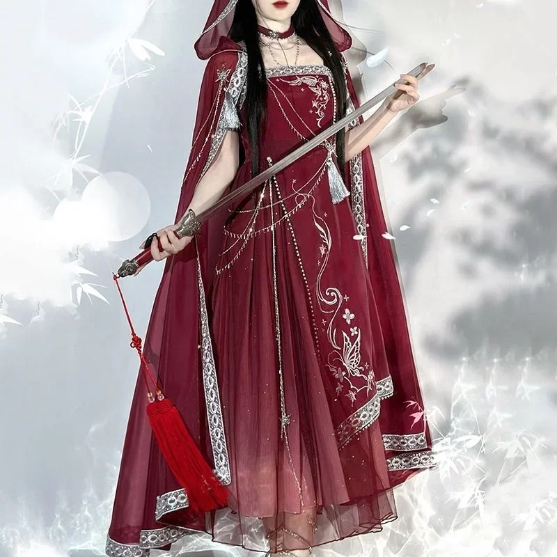 Starry River Dreams Red Miao Han Element Sling Šaty Čínsky štýl Lolita Sukne Goth Dresses Ženy Lolita Red Blue Cloak K