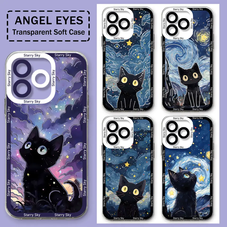 Starry Sky Black Cat Puzdro pre Tecno Camon 30 20 Pova 6 5 Spark 10 Infinix Smart 8 7 POZNÁMKA HOT 40 30I 20I PRO 5G Transparen