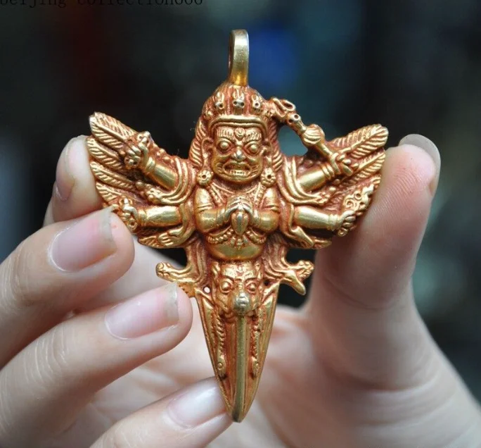 Starý Tibet Bronz 24k zlatý pozlátený budhizmus lebka hlava Mahakala Phurpa Vajra prívesok