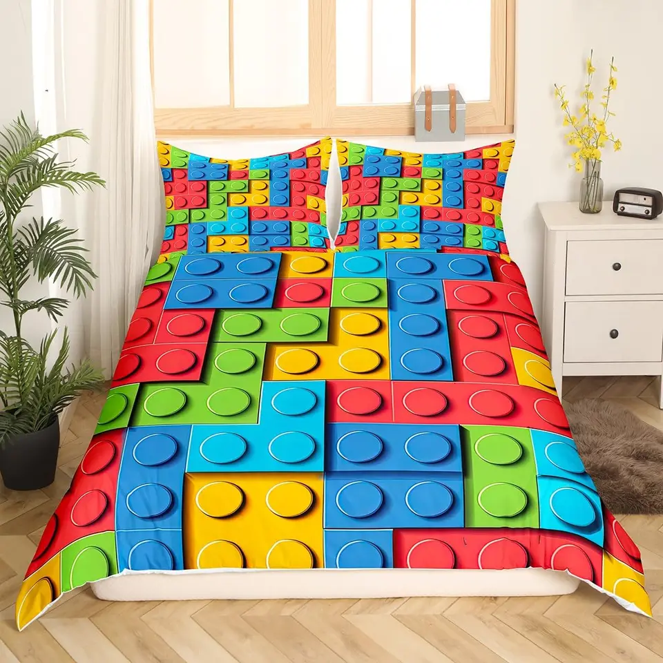 Stavebné bloky obliečky King King Funny Geometric Toy Bedding Set Deti 3D Rainbow Construction Brick Polyester Požiadavka