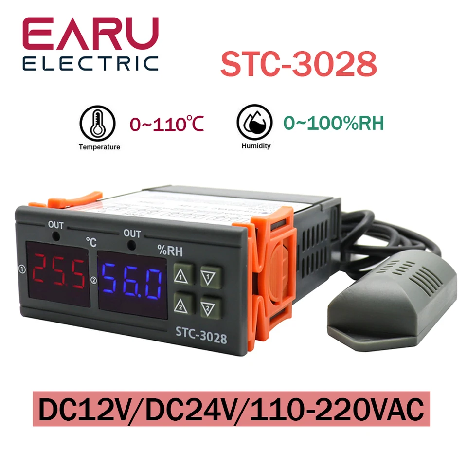 STC-3028 DUUL DIGITÁLNA TEPLOTNÁ RECLATÍVA HYGROMELER C/F TERMOSTAT Dva relé výstup AC 110V 220V DC 12V 24V 10A