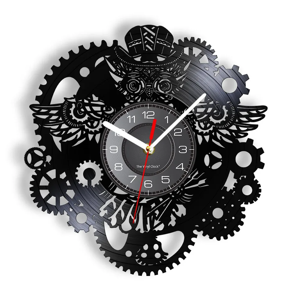 Steampunk Owl Wall Wall Wall Clock Vintage Vinyl Record Clock Domáce dekorácie prevodovky