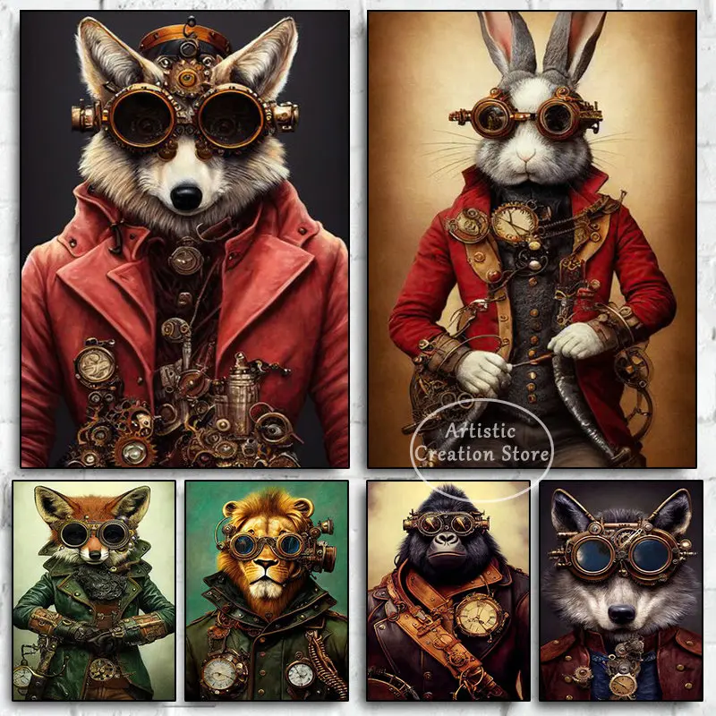 Steampunk Vintage Animals Plagát Funny Wolf Rabbit Gorilla Art Canvas maľba obývacia izba nástenné umelecké obrázky